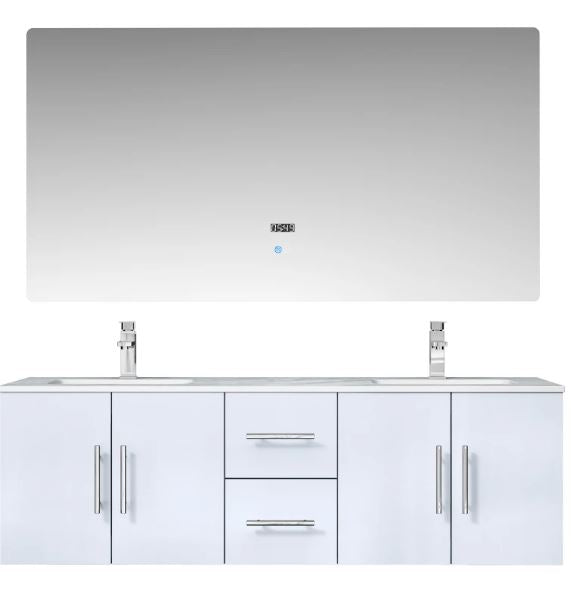 Lexora Geneva 60" Glossy White Double Vanity, White Carrara Marble Top, White Square Sinks and 60" LED Mirror LG192260DMDSLM60 - MyBBQDirect
