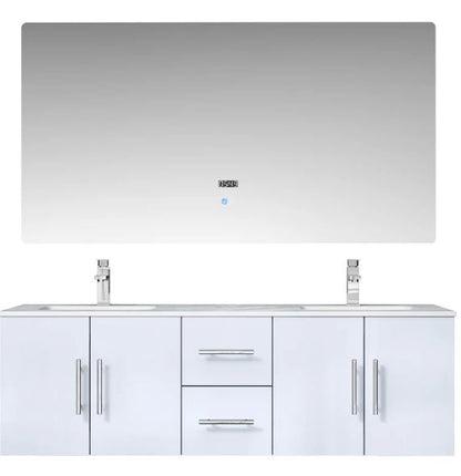 Lexora Geneva 60" Glossy White Double Vanity, White Carrara Marble Top, White Square Sinks and 60" LED Mirror LG192260DMDSLM60 - MyBBQDirect