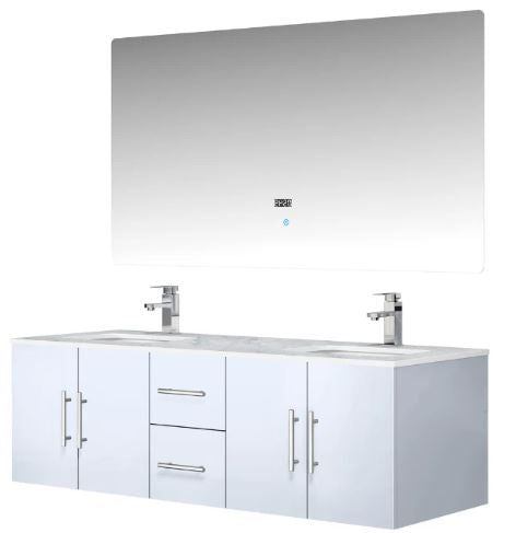 Lexora Geneva 60" Glossy White Double Vanity, White Carrara Marble Top, White Square Sinks and 60" LED Mirror LG192260DMDSLM60 - MyBBQDirect