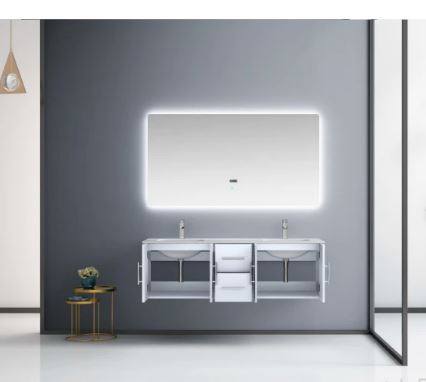 Lexora Geneva 60" Glossy White Double Vanity, White Carrara Marble Top, White Square Sinks and 60" LED Mirror LG192260DMDSLM60 - MyBBQDirect