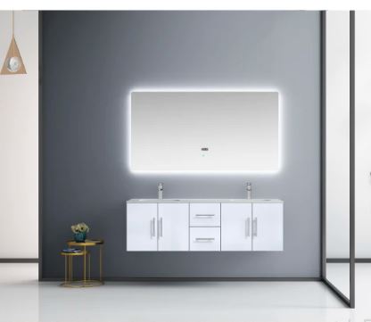 Lexora Geneva 60" Glossy White Double Vanity, White Carrara Marble Top, White Square Sinks and 60" LED Mirror LG192260DMDSLM60 - MyBBQDirect