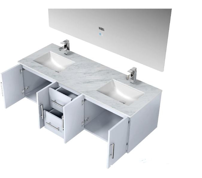Lexora Geneva 60" Glossy White Double Vanity, White Carrara Marble Top, White Square Sinks and 60" LED Mirror LG192260DMDSLM60 - MyBBQDirect