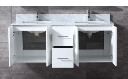 Lexora Geneva 60" Glossy White Double Vanity, White Carrara Marble Top, White Square Sinks and 60" LED Mirror LG192260DMDSLM60 - MyBBQDirect