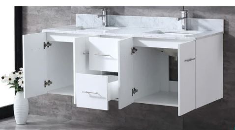 Lexora Geneva 60" Glossy White Double Vanity, White Carrara Marble Top, White Square Sinks and 60" LED Mirror LG192260DMDSLM60 - MyBBQDirect