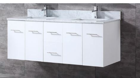 Lexora Geneva 60" Glossy White Double Vanity, White Carrara Marble Top, White Square Sinks and 60" LED Mirror LG192260DMDSLM60 - MyBBQDirect