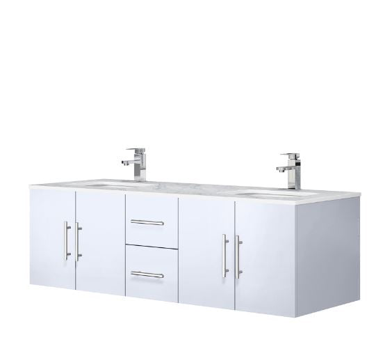Lexora Geneva 60" Glossy White Double Vanity, White Carrara Marble Top, White Square Sinks and no Mirror LG192260DMDS000 - MyBBQDirect