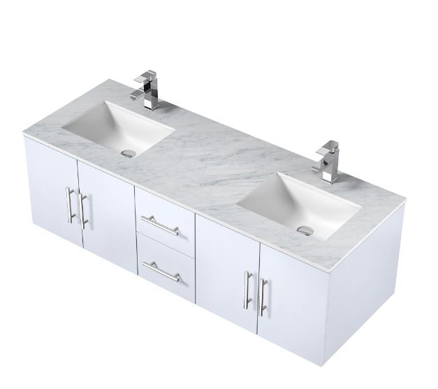 Lexora Geneva 60" Glossy White Double Vanity, White Carrara Marble Top, White Square Sinks and no Mirror LG192260DMDS000 - MyBBQDirect