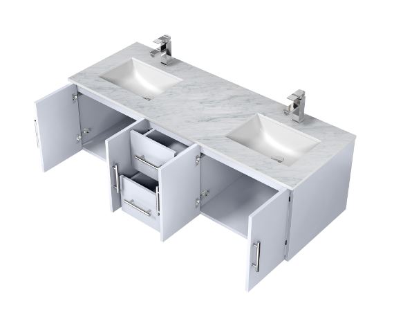 Lexora Geneva 60" Glossy White Double Vanity, White Carrara Marble Top, White Square Sinks and no Mirror LG192260DMDS000 - MyBBQDirect