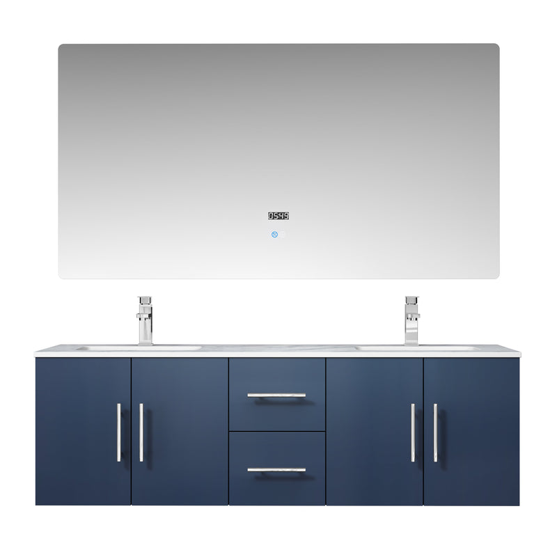 Lexora Geneva 60" Navy Blue Double Vanity, White Carrara Marble Top, White Square Sinks and 60" LED Mirror LG192260DEDSLM60