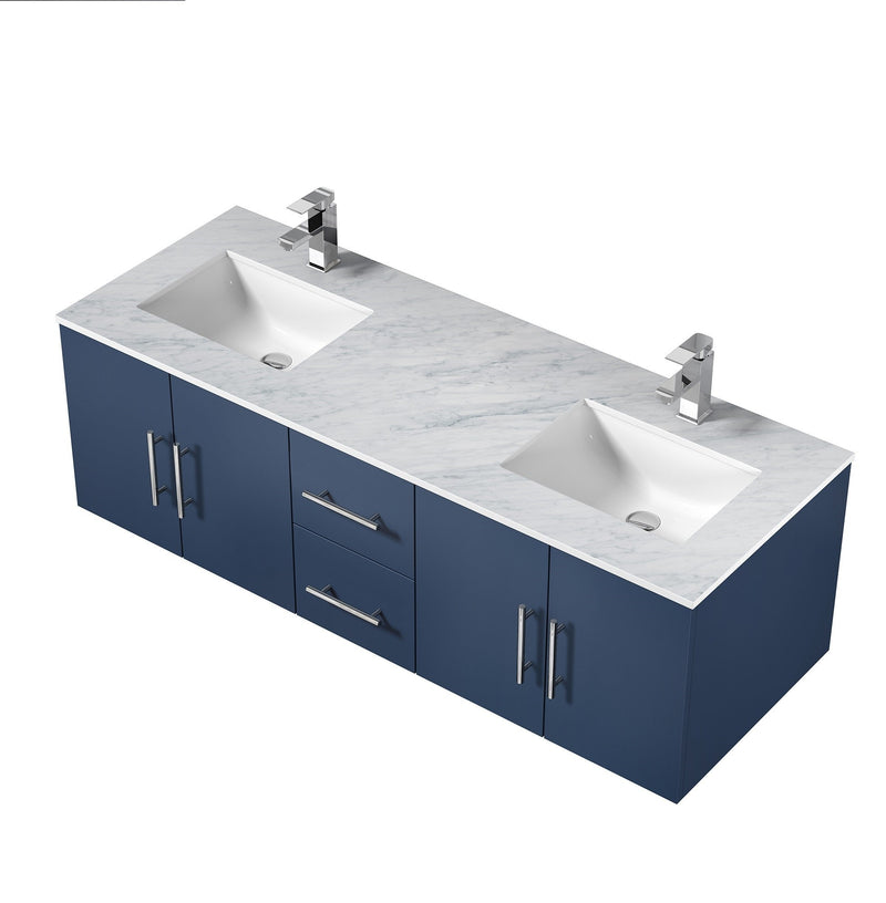 Lexora Geneva 60" Navy Blue Double Vanity, White Carrara Marble Top, White Square Sinks and 60" LED Mirror LG192260DEDSLM60