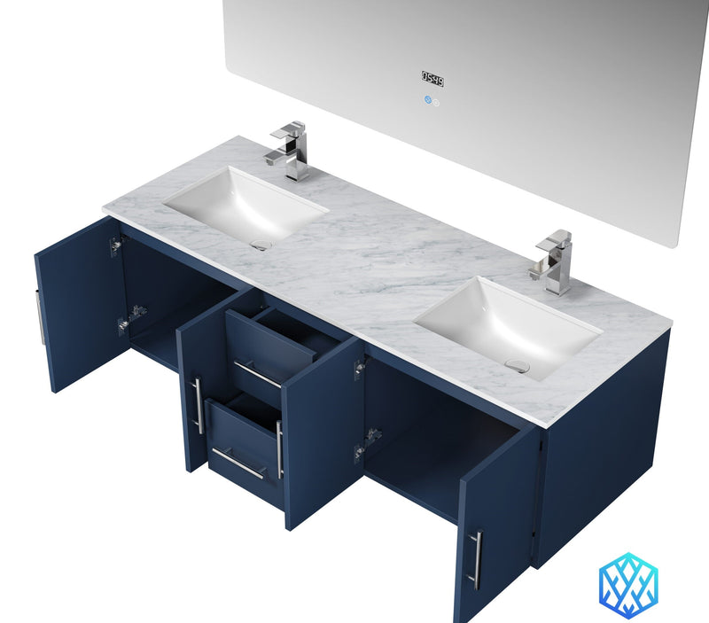 Lexora Geneva 60" Navy Blue Double Vanity, White Carrara Marble Top, White Square Sinks and 60" LED Mirror LG192260DEDSLM60