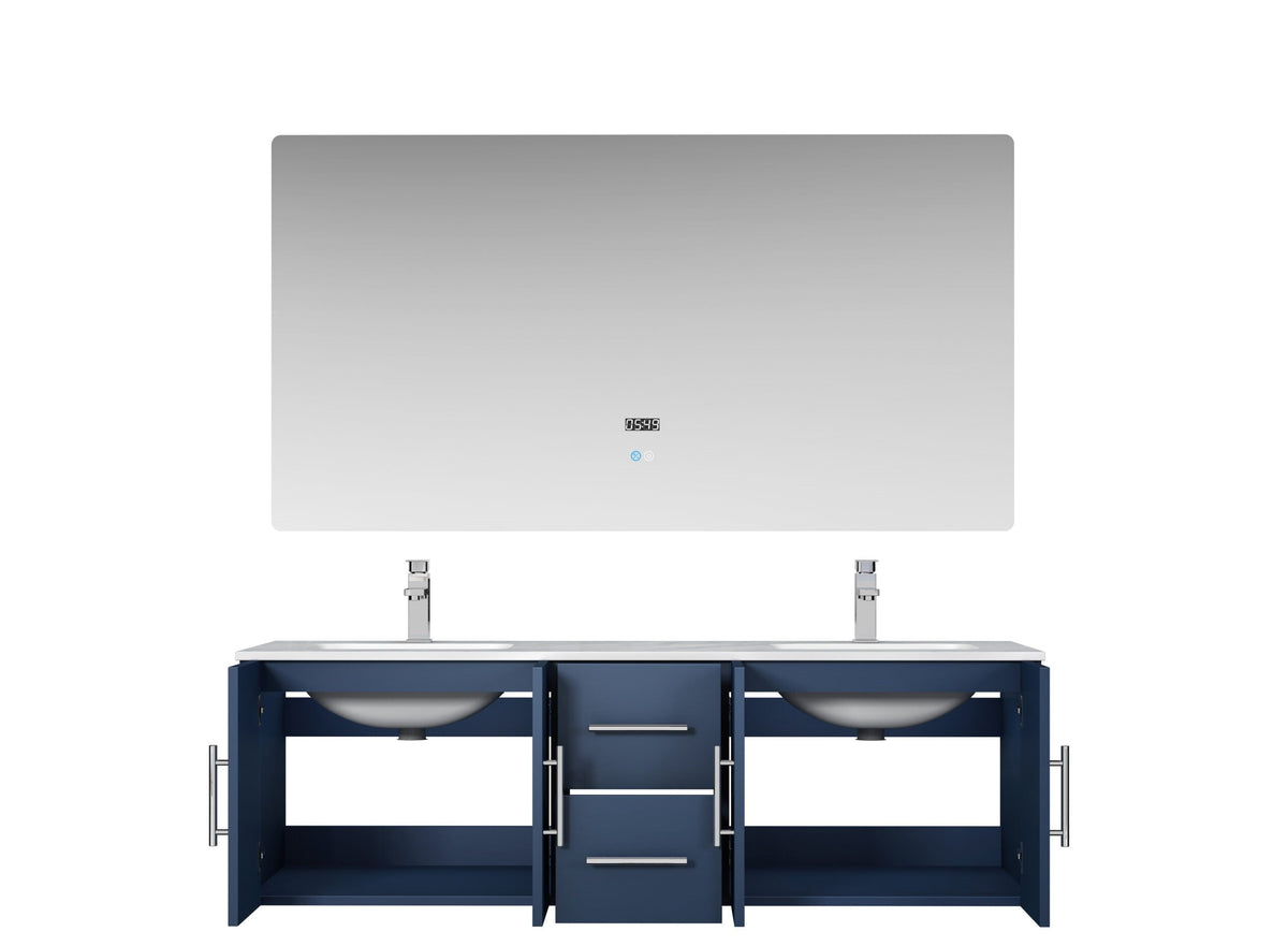 Lexora Geneva 60" Navy Blue Double Vanity, White Carrara Marble Top, White Square Sinks and 60" LED Mirror LG192260DEDSLM60 - MyBBQDirect