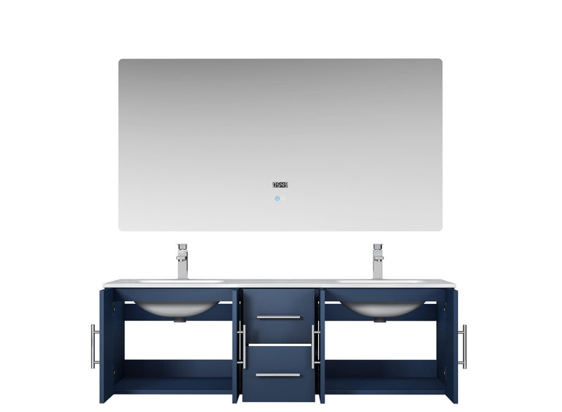 Lexora Geneva 60" Navy Blue Double Vanity, White Carrara Marble Top, White Square Sinks and 60" LED Mirror LG192260DEDSLM60