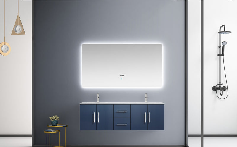 Lexora Geneva 60" Navy Blue Double Vanity, White Carrara Marble Top, White Square Sinks and 60" LED Mirror LG192260DEDSLM60