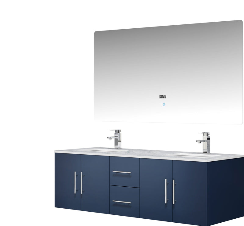 Lexora Geneva 60" Navy Blue Double Vanity, White Carrara Marble Top, White Square Sinks and 60" LED Mirror LG192260DEDSLM60