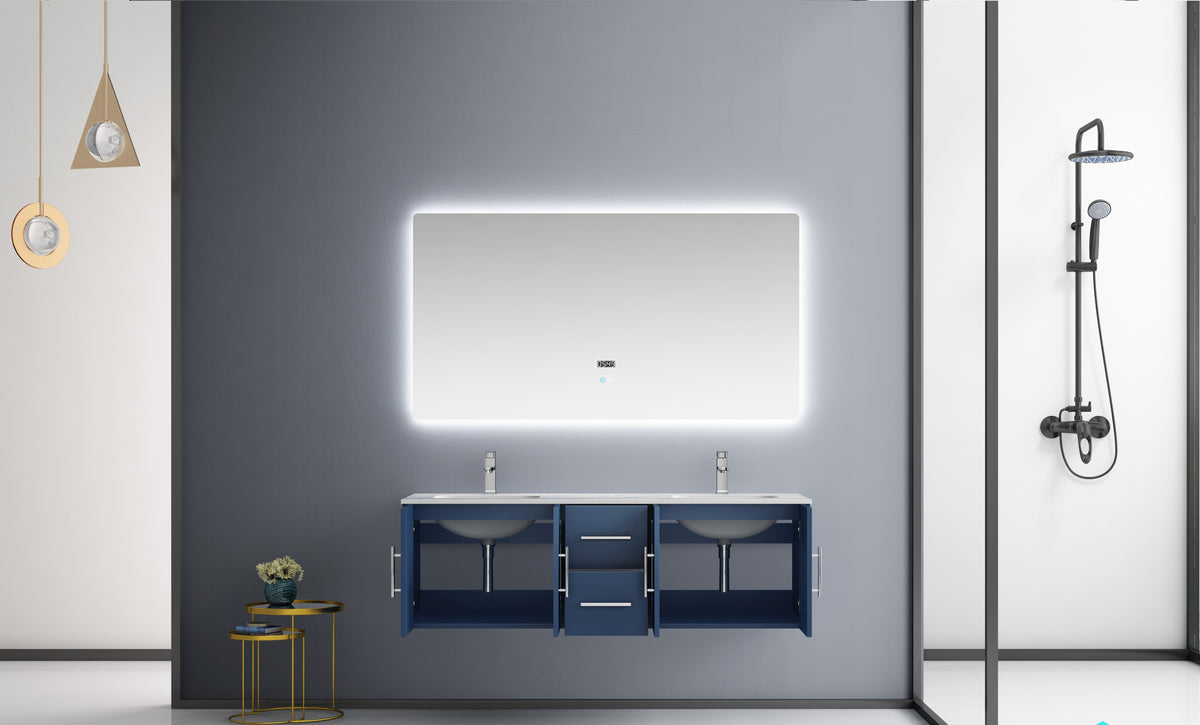 Lexora Geneva 60" Navy Blue Double Vanity, White Carrara Marble Top, White Square Sinks and 60" LED Mirror LG192260DEDSLM60 - MyBBQDirect