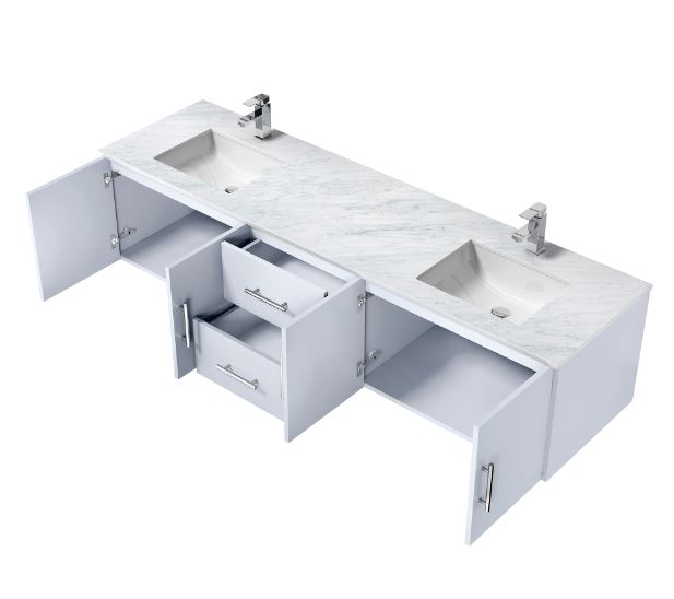 Lexora Geneva 80" Glossy White Double Vanity, White Carrara Marble Top, White Square Sinks and no Mirror LG192280DMDS000