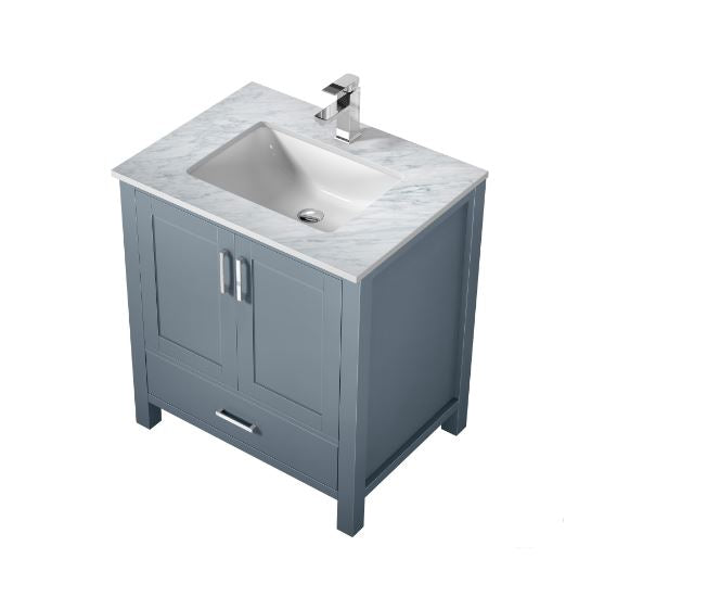 Lexora Jacques 30" Dark Grey Single Vanity, White Carrara Marble Top, White Square Sink and No Mirror LJ342230SBDS000 - MyBBQDirect
