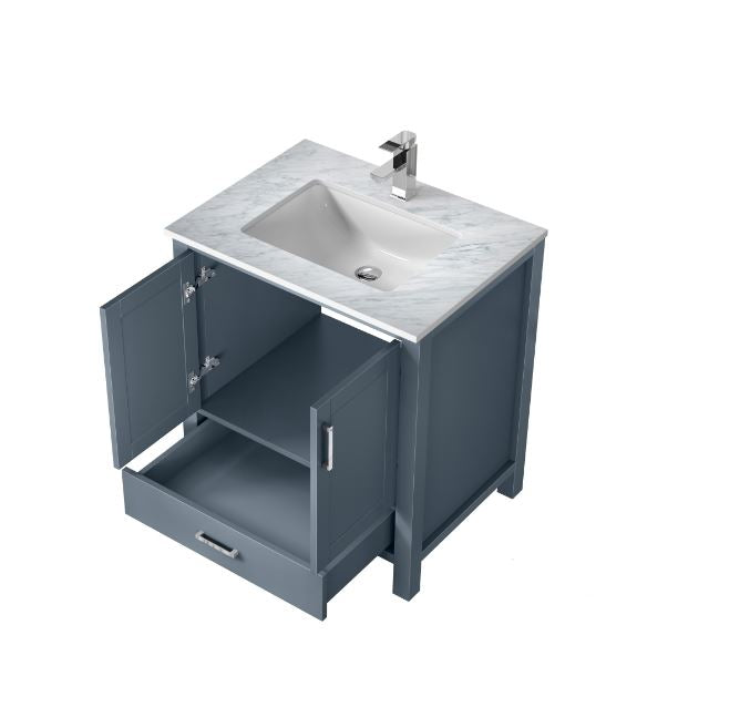 Lexora Jacques 30" Dark Grey Single Vanity, White Carrara Marble Top, White Square Sink and No Mirror LJ342230SBDS000 - MyBBQDirect