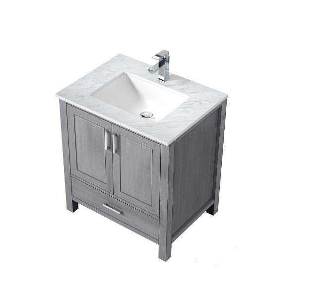 Lexora Jacques 30" Distressed Grey Single Vanity, White Carrara Marble Top, White Square Sink and no Mirror LJ342230SDDS000