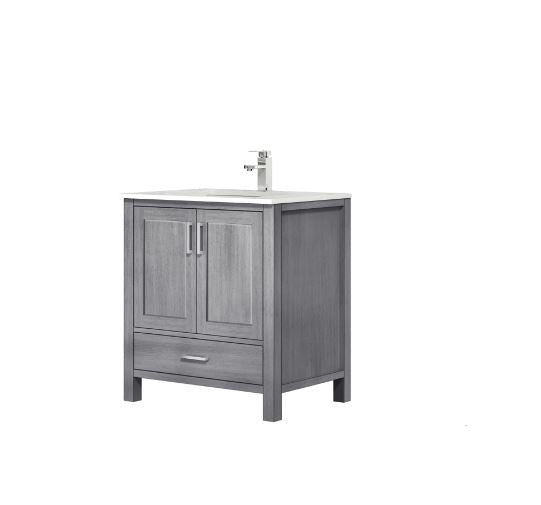 Lexora Jacques 30" Distressed Grey Single Vanity, White Carrara Marble Top, White Square Sink and no Mirror LJ342230SDDS000