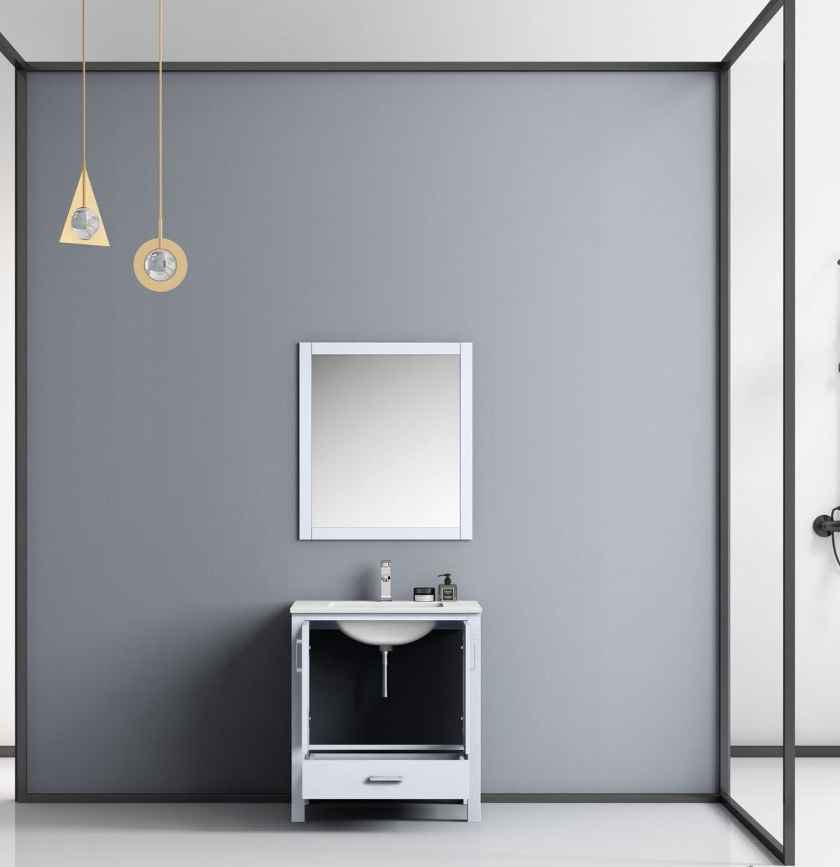 Lexora Jacques 30" White Single Vanity, White Carrara Marble Top, White Square Sink and 28" Mirror w/ Faucet LJ342230SADSM28F - MyBBQDirect