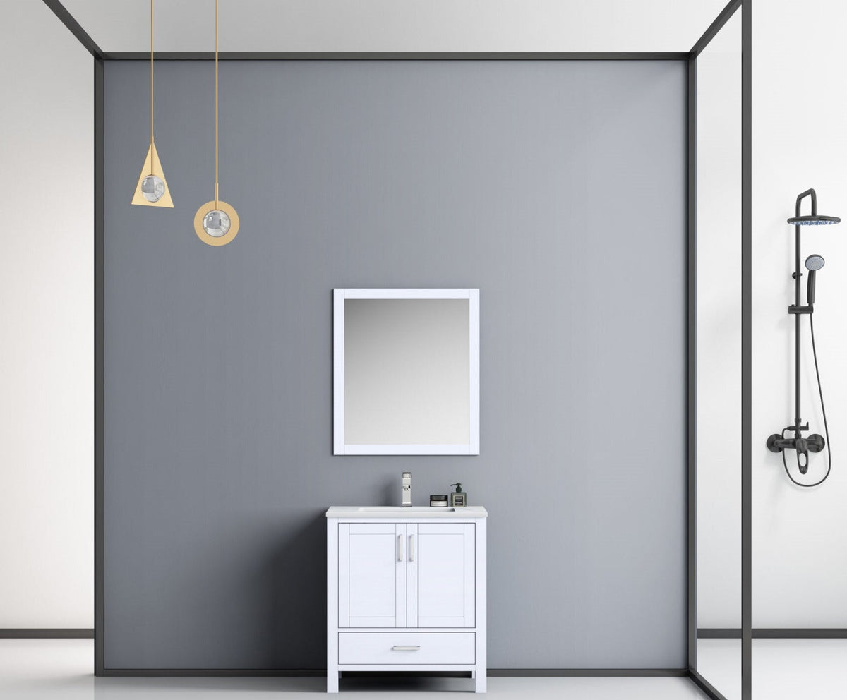 Lexora Jacques 30" White Single Vanity, White Carrara Marble Top, White Square Sink and 28" Mirror w/ Faucet LJ342230SADSM28F - MyBBQDirect