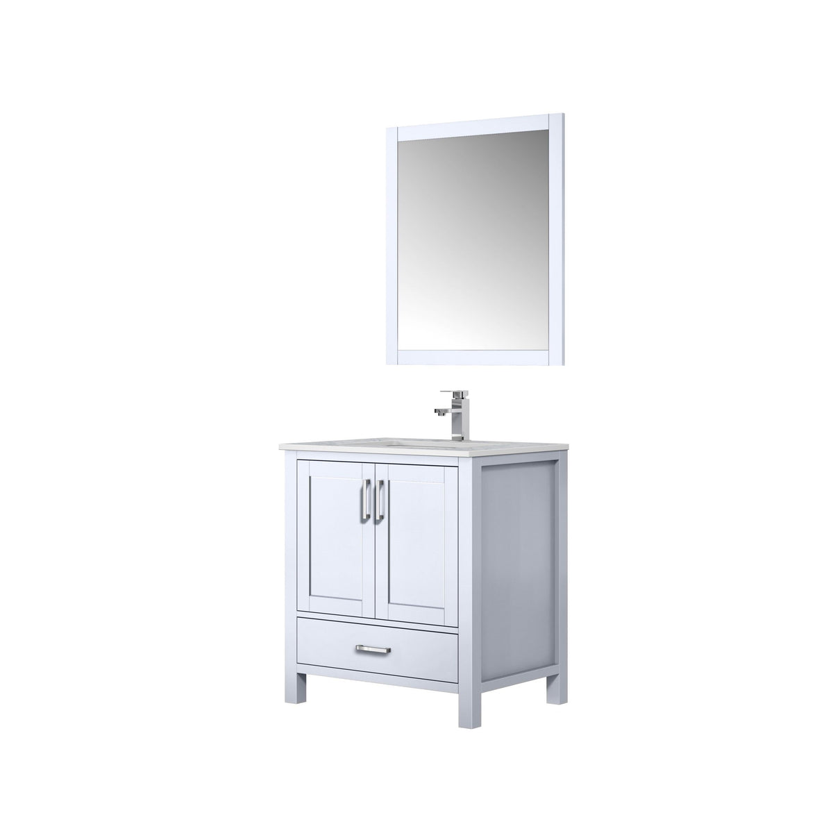 Lexora Jacques 30" White Single Vanity, White Carrara Marble Top, White Square Sink and 28" Mirror w/ Faucet LJ342230SADSM28F - MyBBQDirect