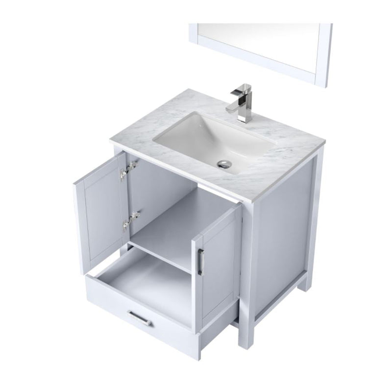 Lexora Jacques 30" White Single Vanity, White Carrara Marble Top, White Square Sink and 28" Mirror w/ Faucet LJ342230SADSM28F