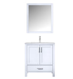 Lexora Jacques 30" White Single Vanity, White Carrara Marble Top, White Square Sink and 28" Mirror w/ Faucet LJ342230SADSM28F - MyBBQDirect