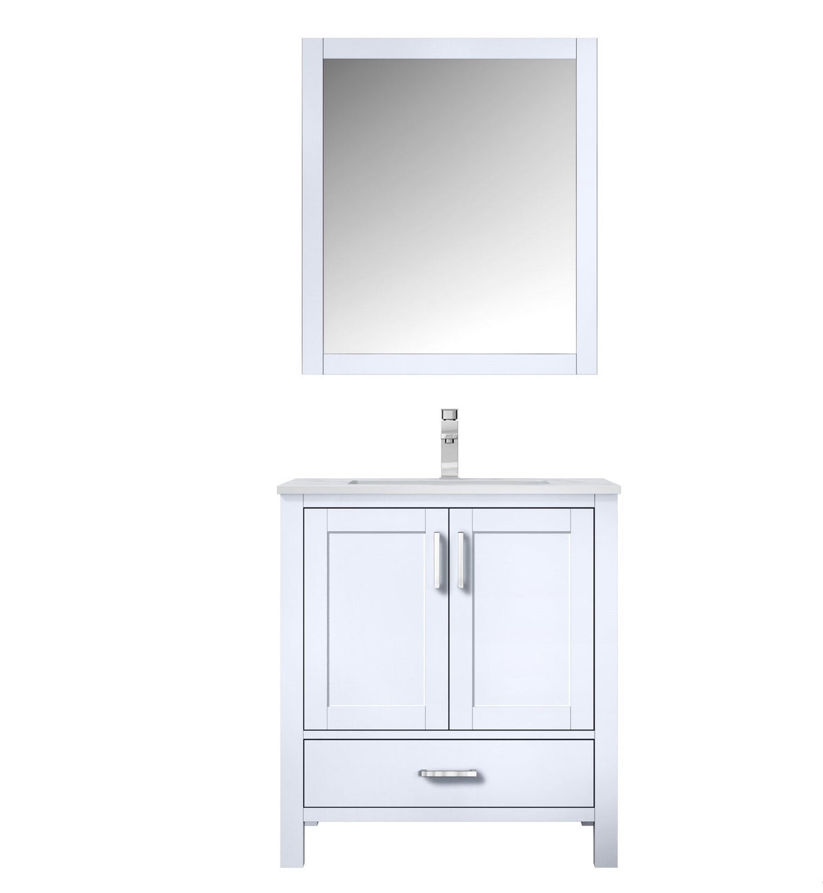 Lexora Jacques 30" White Single Vanity, White Carrara Marble Top, White Square Sink and 28" Mirror w/ Faucet LJ342230SADSM28F - MyBBQDirect