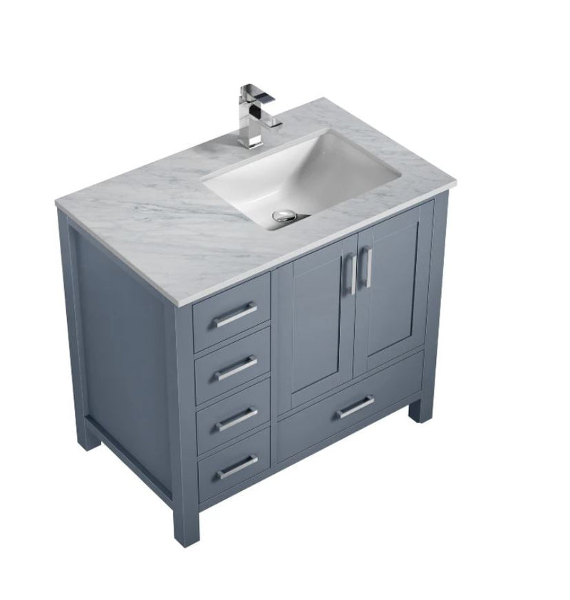 Lexora Jacques 36" Dark Grey Single Vanity, White Carrara Marble Top, White Square Sink and no Mirror - Right Version LJ342236SBDS000-R
