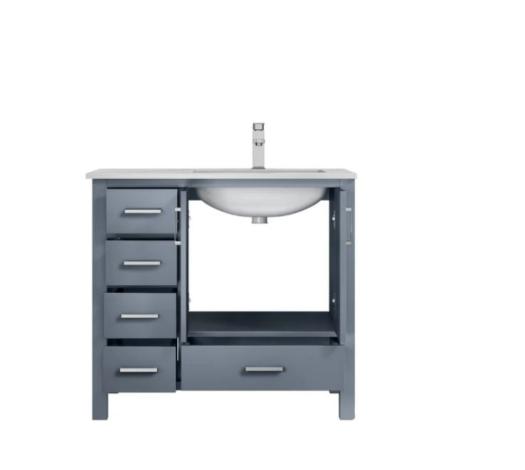Lexora Jacques 36" Dark Grey Single Vanity, White Carrara Marble Top, White Square Sink and no Mirror - Right Version LJ342236SBDS000-R - MyBBQDirect
