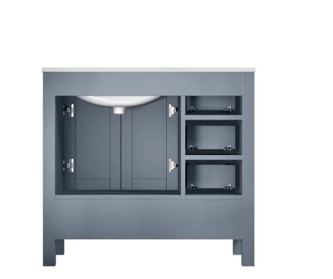 Lexora Jacques 36" Dark Grey Single Vanity, White Carrara Marble Top, White Square Sink and no Mirror - Right Version LJ342236SBDS000-R - MyBBQDirect