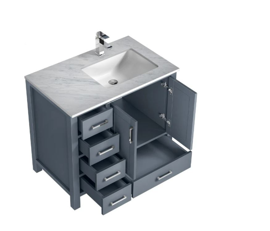 Lexora Jacques 36" Dark Grey Single Vanity, White Carrara Marble Top, White Square Sink and no Mirror - Right Version LJ342236SBDS000-R - MyBBQDirect