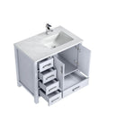 Lexora Jacques 36" White Single Vanity, Carrara Marble Top, White Square Sink and no Mirror - Right Version LJ342236SADS000-R - MyBBQDirect