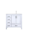 Lexora Jacques 36" White Single Vanity, Carrara Marble Top, White Square Sink and no Mirror - Right Version LJ342236SADS000-R - MyBBQDirect