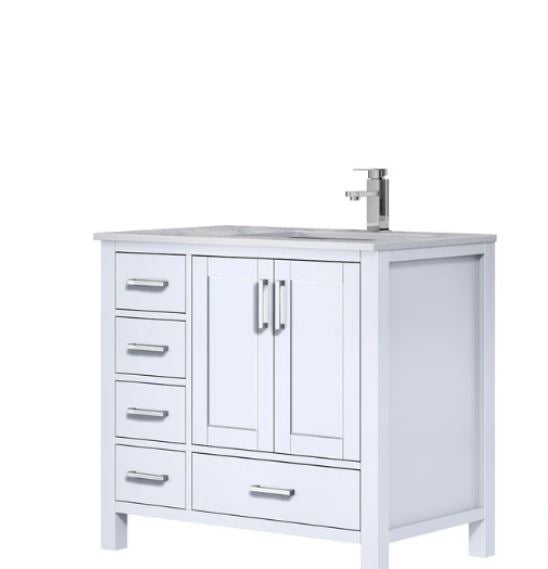 Lexora Jacques 36" White Single Vanity, Carrara Marble Top, White Square Sink and no Mirror - Right Version LJ342236SADS000-R - MyBBQDirect
