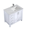 Lexora Jacques 36" White Single Vanity, Carrara Marble Top, White Square Sink and no Mirror - Right Version LJ342236SADS000-R - MyBBQDirect
