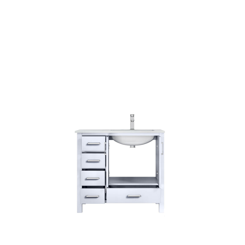 Lexora Jacques 36" White Single Vanity, White Carrara Marble Top, White Square Sink and 34" Mirror w/ Faucet - Right Version LJ342236SADSM34F-R