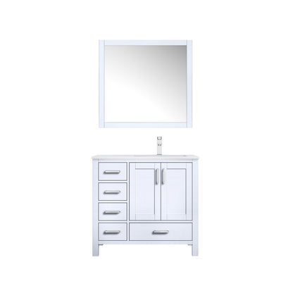Lexora Jacques 36" White Single Vanity, White Carrara Marble Top, White Square Sink and 34" Mirror w/ Faucet - Right Version LJ342236SADSM34F-R