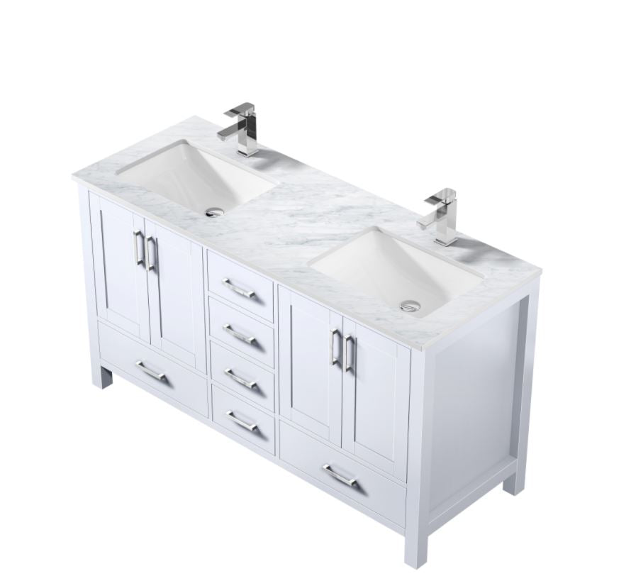 Lexora Jacques 60" White Double Vanity, White Carrara Marble Top, White Square Sinks and no Mirror LJ342260DADS000 - MyBBQDirect