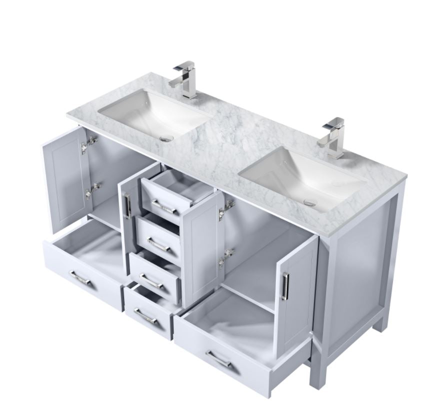 Lexora Jacques 60" White Double Vanity, White Carrara Marble Top, White Square Sinks and no Mirror LJ342260DADS000 - MyBBQDirect