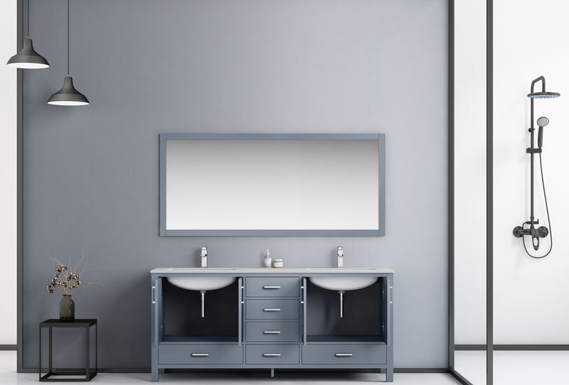 LexoraJacques 72" Dark Grey Double Vanity, White Carrara Marble Top, White Square Sinks and 70" Mirror LJ342272DBDSM70