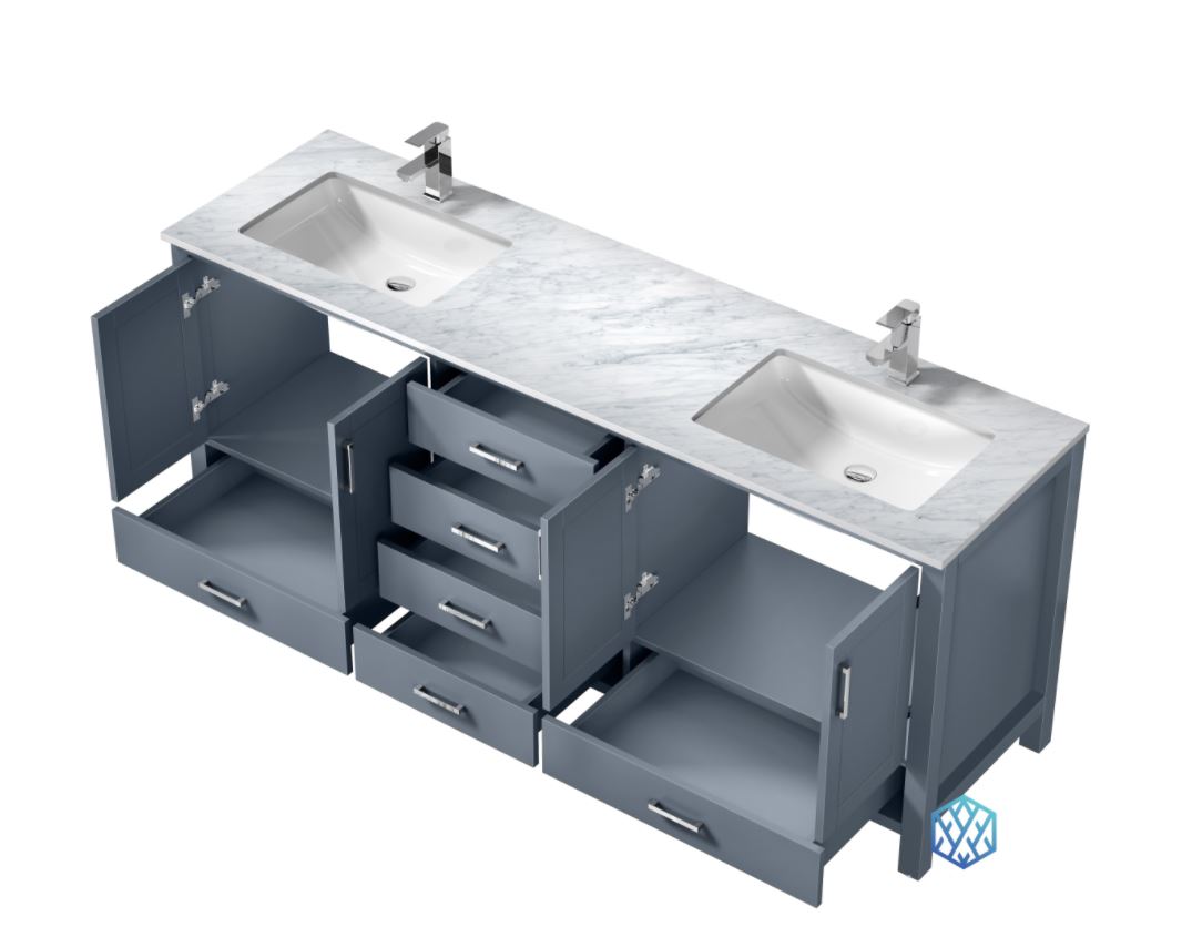 Lexora Jacques 80" Dark Grey Double Vanity, White Carrara Marble Top, White Square Sinks and no Mirror LJ342280DBDS000 - MyBBQDirect