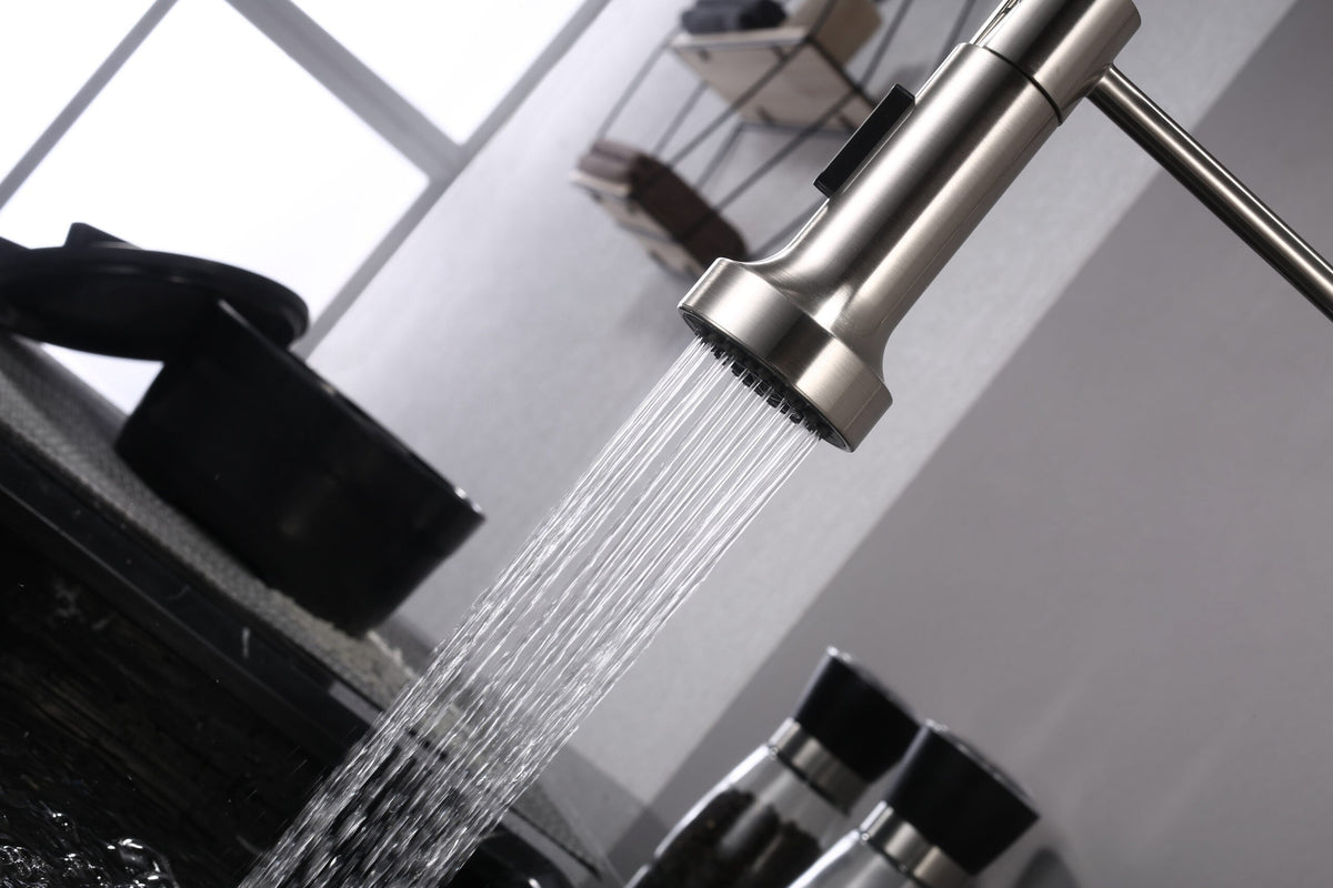 Lexora Lanuvio Brass Kitchen Faucet w/ Pull Out Sprayer - Brushed Nickel LKFS6011BN - MyBBQDirect
