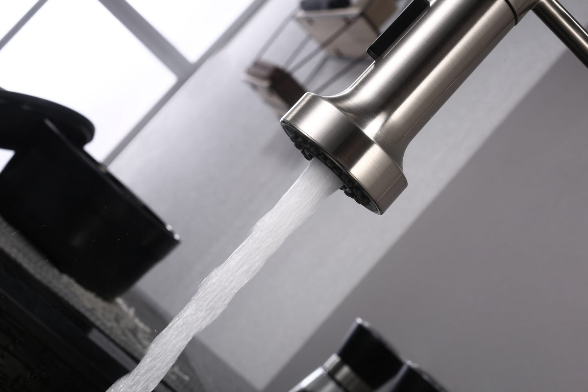 Lexora Lanuvio Brass Kitchen Faucet w/ Pull Out Sprayer - Brushed Nickel LKFS6011BN - MyBBQDirect