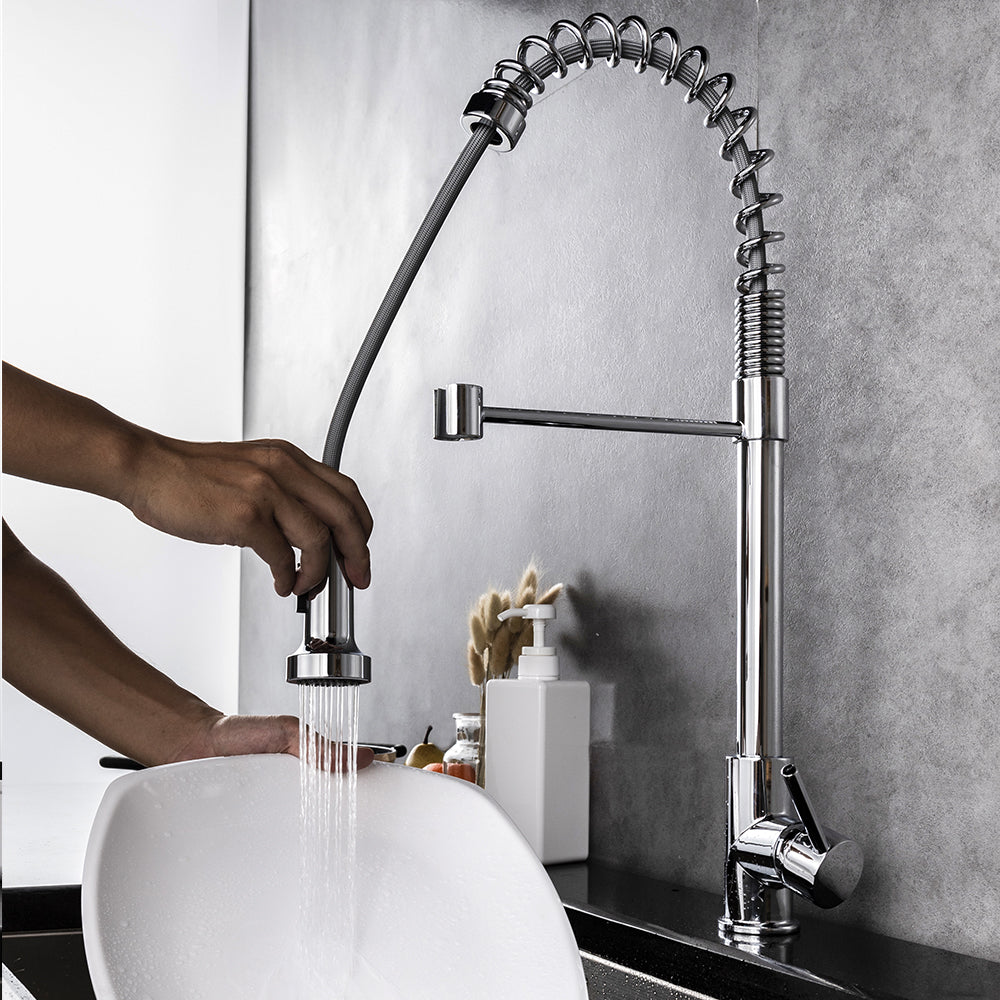 Lexora Lanuvio Brass Kitchen Faucet w/ Pull Out Sprayer - Chrome LKFS6011CH - MyBBQDirect