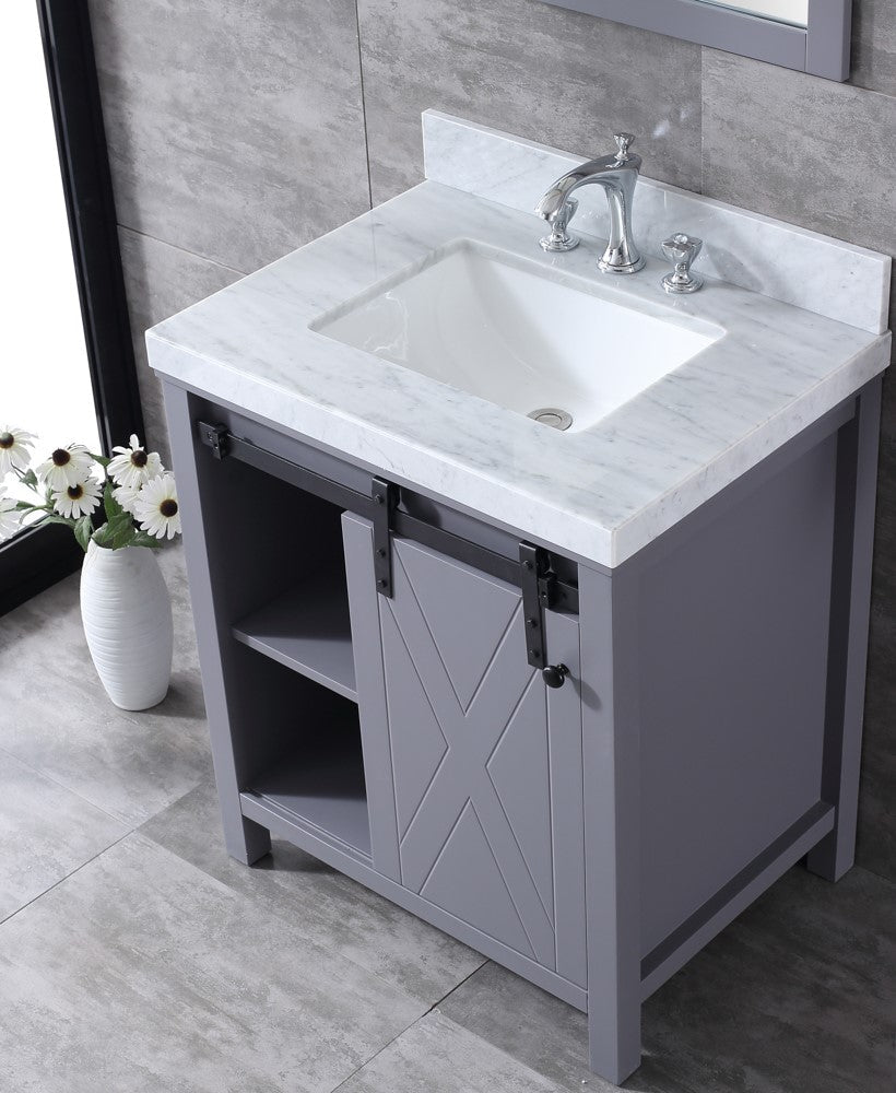 Lexora Marsyas 30" Dark Grey Single Vanity, White Carrara Marble Top, White Square Sink and no Mirror LM342230SBBS000 - MyBBQDirect