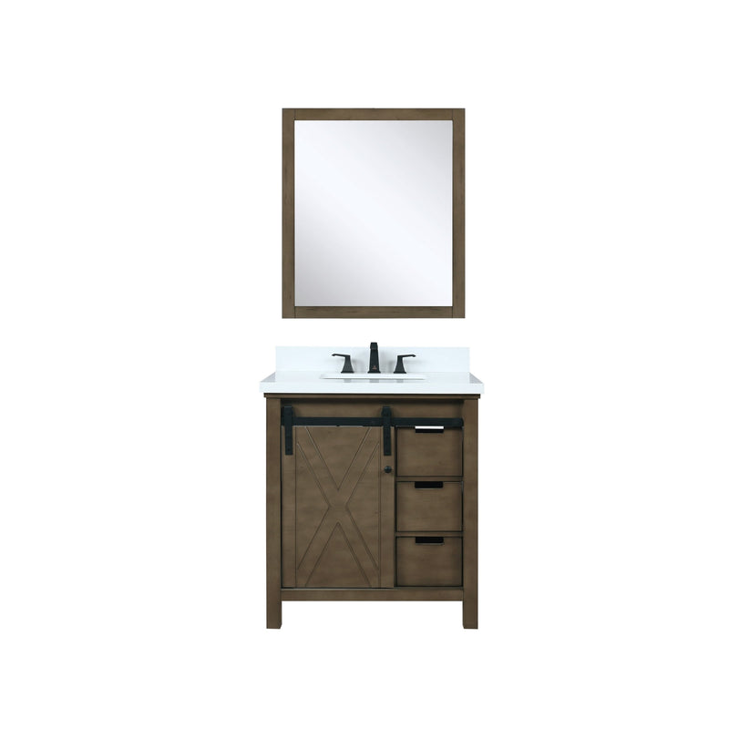 Lexora Marsyas 30" Rustic Brown Single Vanity, White Quartz Top, White Square Sink and 28" Mirror LM342230SKCSM28